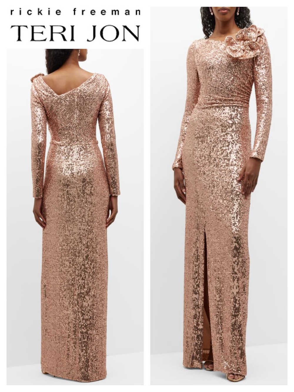 TERI JON by Rickie Freeman Stretch Sequin Column Gown w/ 3D Flower